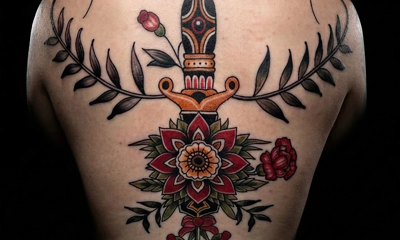 Macro photograph of a stunning completed fine-line blackwork tattoo with intricate botanical and geometric patterns