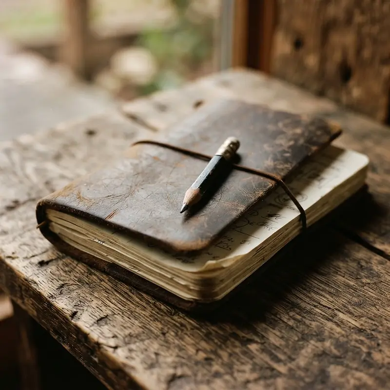Brown leather Wander ’Bout field notebook with blank pages and a durable travel-ready binding.