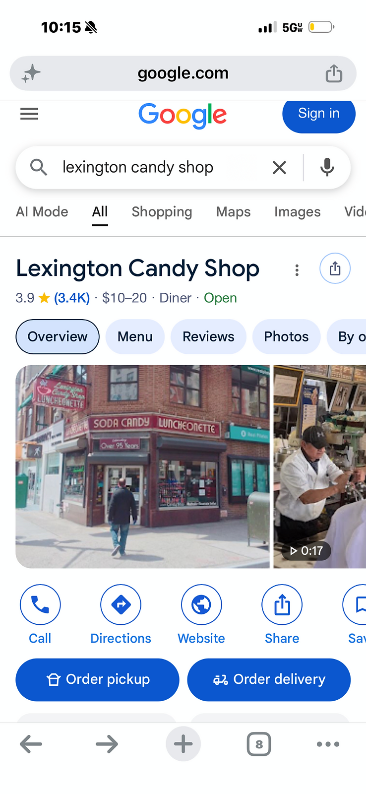 Mobile screenshot of Google search results for Lexington Candy Shop showing the business name, rating, category, photos, and action buttons.