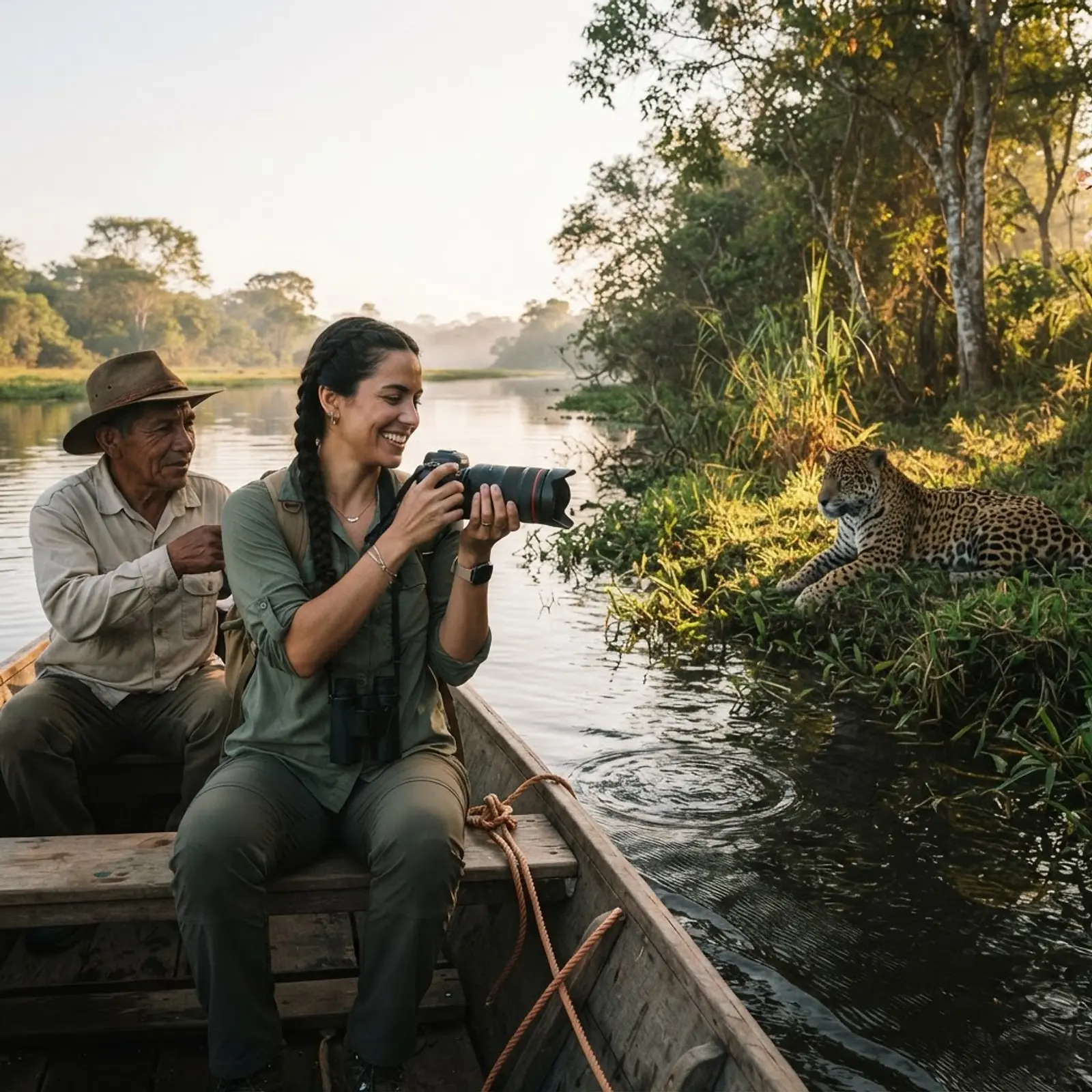 A woman photographing a wild jaguar from a small boat on a river, accompanied by a guide in a lush rural landscape.