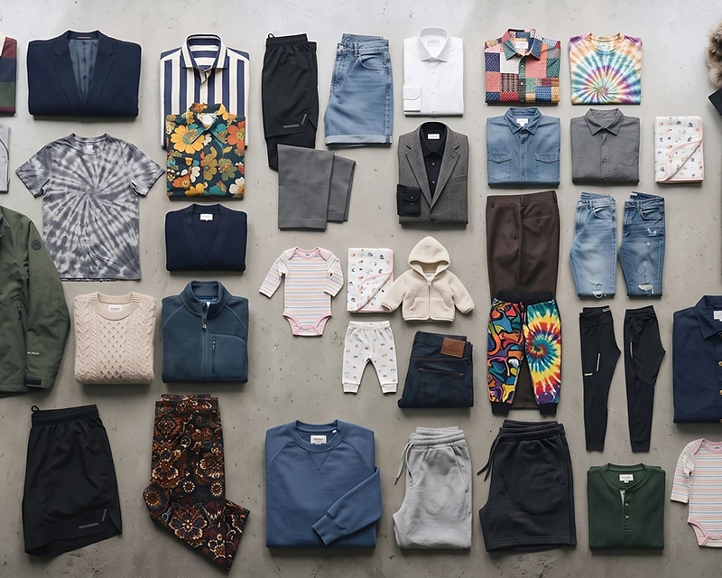 Flat-lay of wholesale clothing inventory