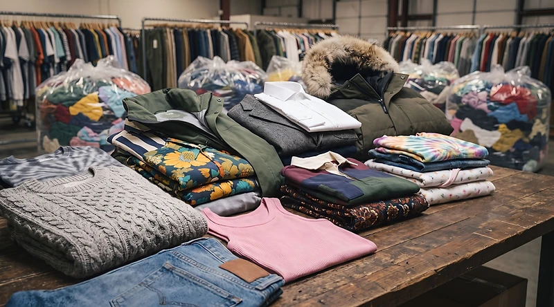 Wholesale clothing inventory on a wooden warehouse table
