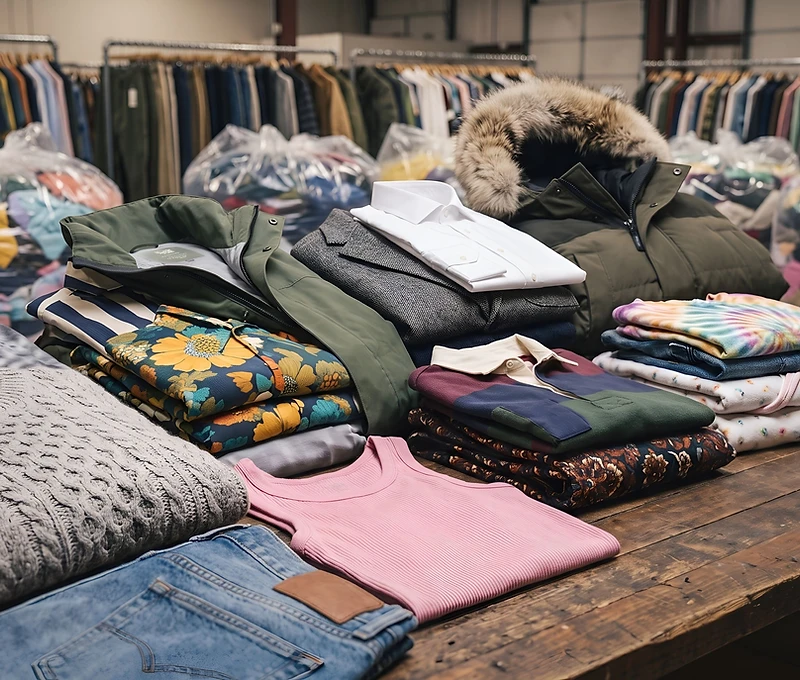 Wholesale clothing inventory on a wooden warehouse table
