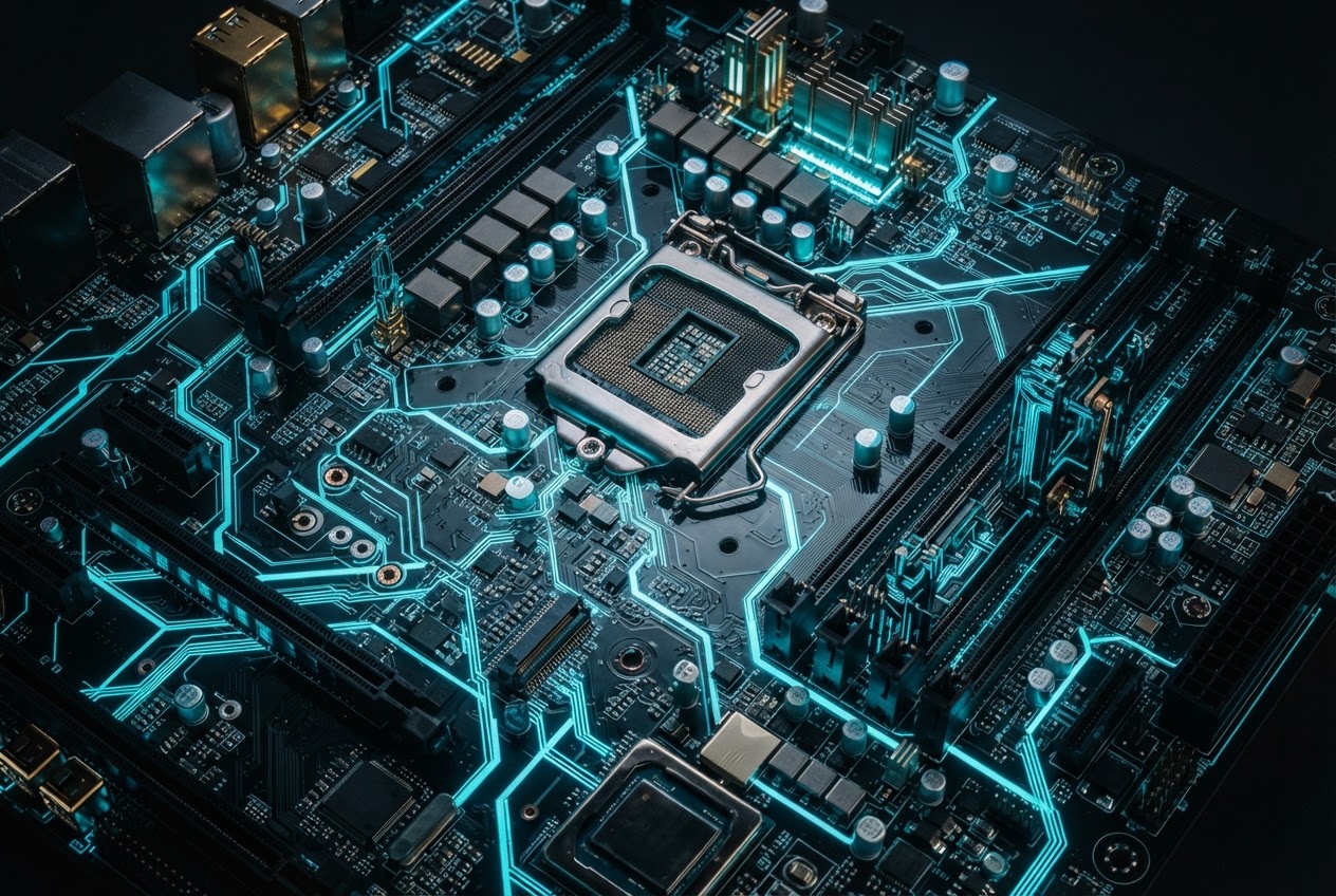 Circuito de placa base estilizado como mapa de ciudad futurista