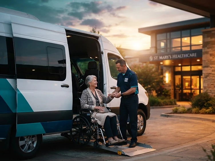 Triumph medical transport van with a caring driver assisting a senior patient