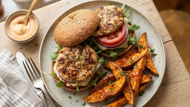Turkey Burgers with Sweet Potato Wedges