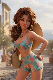 A beautiful animated-style woman with brown wavy hair wearing a floral bikini and sun hat while standing on a cobblestone street in an Italian coastal village.