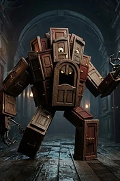 A monstrous humanoid creature made entirely of wooden doors and door frames standing in a dark, cobwebbed hallway holding a rusty key.