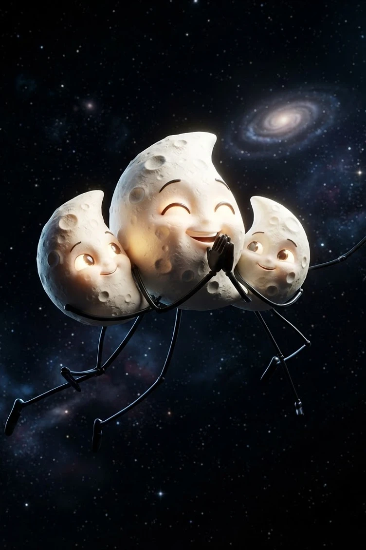 three anthropomorphic crescent moon characters with glowing faces and thin black limbs floating together in deep space against a starry galaxy background