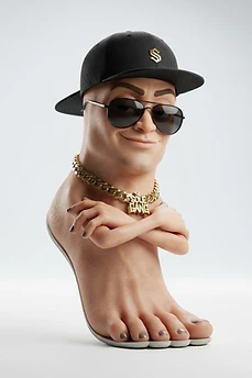 A surreal character formed as a human foot wearing a black baseball cap, sunglasses, and a gold chain, with crossed human arms.