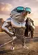 An anthropomorphic shark with a muscular chrome body wearing sunglasses and holding a leather jacket, standing on a desert road at sunset.