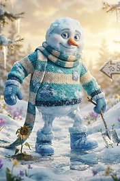 A friendly snowman wearing a striped sweater, scarf, and boots walks through a snowy forest filled with blooming spring flowers.