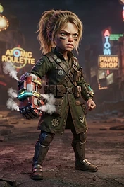 A stylized young wasteland survivor wearing a long green coat and mechanical gauntlet in a ruined, neon-lit city at night.