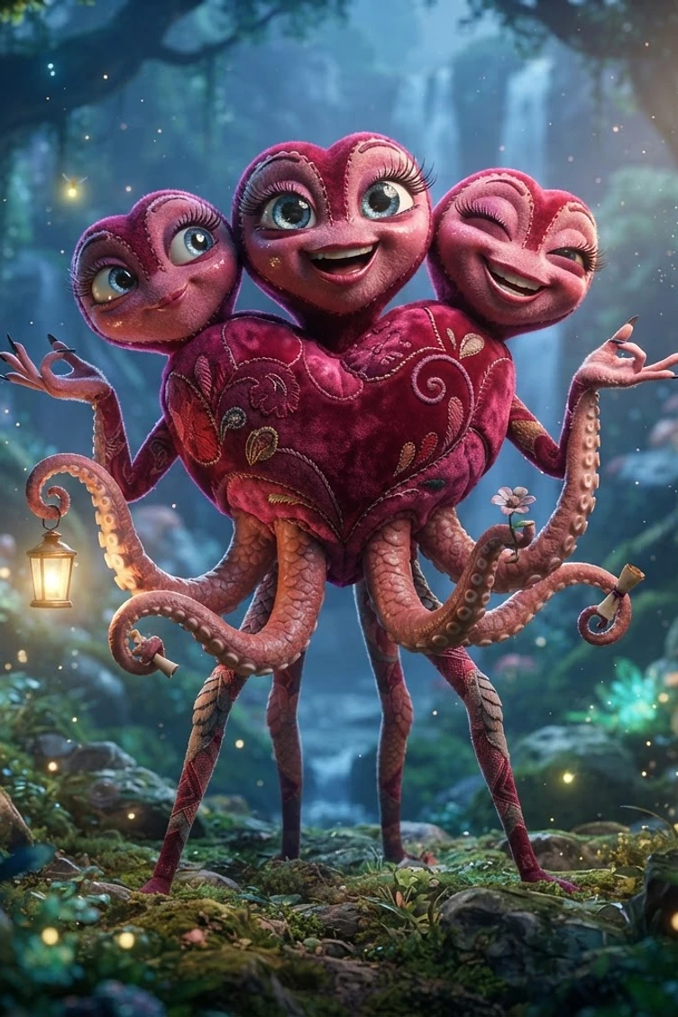 A whimsical, pink, heart-shaped creature with three faces and multiple octopus tentacles standing in a glowing, magical forest.