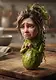 A close-up shot of a small creature with a human girl's face atop a green bumpy pickle body, standing on a wooden cutting board, crying with visible tears.