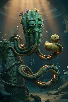 A sad, green octopus-cactus hybrid character with flowers on its head underwater, holding a yellow rubber duck near ancient stone ruins.
