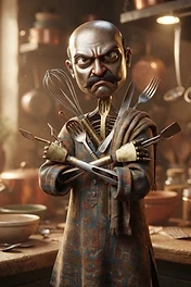 A bald, angry-looking chef character with a metal skeleton and utensils like whisks and forks integrated into his torso, standing in a rustic kitchen.