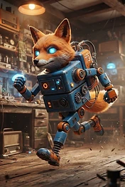 A stylized orange fox with a mechanical blue robot body running through a cluttered electronics workshop with glowing eyes and wires.