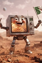 A friendly anthropomorphic microwave robot standing on the surface of Mars, holding an Italian flag and displaying a plate of spaghetti inside its screen.