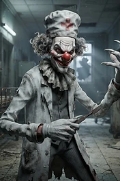A terrifying clown dressed as a medical nurse holding a scalpel in a dark, abandoned hospital hallway.