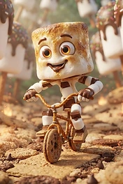 A cute toasted marshmallow character with graham cracker and chocolate limbs riding a bicycle made of pretzels on a path of cookies.