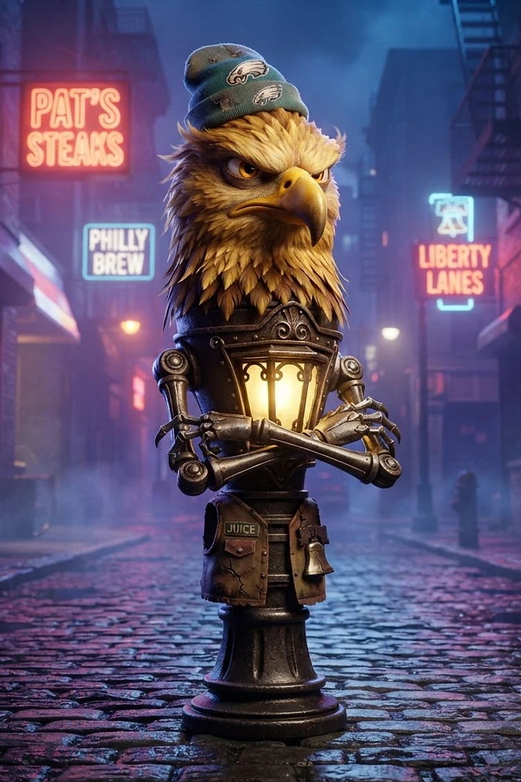 An anthropomorphic eagle head on a street lamp body wearing a Philadelphia Eagles beanie standing on a dark wet city street at night.