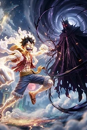 A dynamic anime-style battle between Monkey D. Luffy in Gear 5 form and a dark, hooded knight emerging from a cosmic void in the sky.