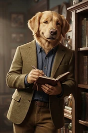 A anthropomorphic golden retriever with a dog head wearing a brown tweed jacket and blue shirt, writing in a notebook in a library.