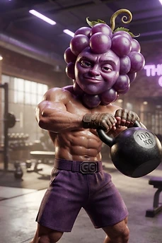 A muscular man with a purple grape head lifting a heavy kettlebell in a gym labeled The Vine Gym.