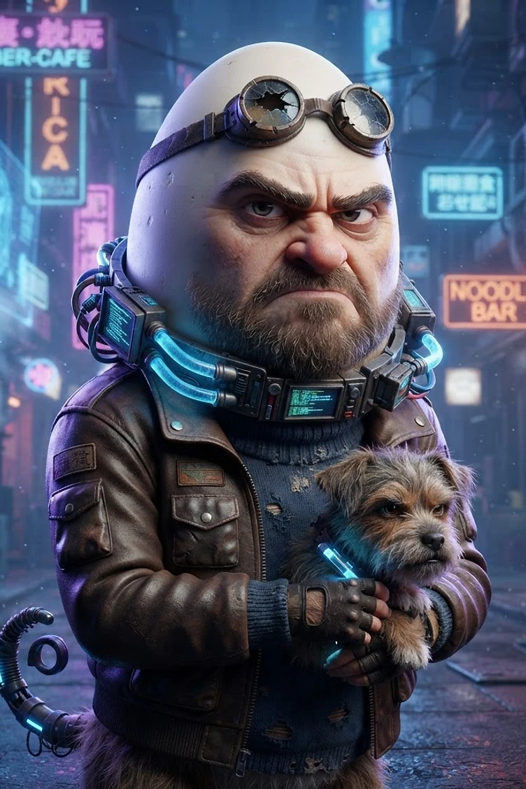 A grumpy, egg-headed character wearing leather jacket and broken goggles, standing in a neon-lit cyberpunk alleyway while holding a small terrier dog.