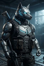 A metallic cybernetic wolf character in tactical armor holding a rifle standing in a gritty industrial workshop with blue glowing accents.