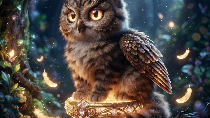A whimsical hybrid creature with the face and wings of an owl and the body of a kitten perched on an ornate glowing pedestal in a magical forest.