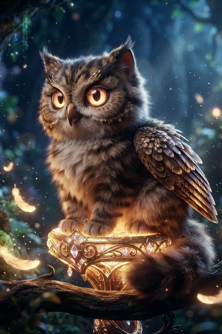 A whimsical hybrid creature with the face and wings of an owl and the body of a kitten perched on an ornate glowing pedestal in a magical forest.