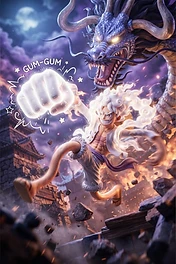 Gear Five Luffy with white hair and clothes throwing a punch surrounded by a large dragon and debris in a dramatic anime battle scene