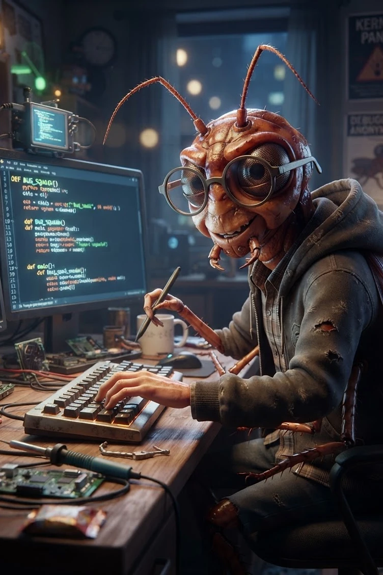 An anthropomorphic cockroach with glasses wearing a hoodie typing on a mechanical keyboard at a computer desk full of circuit boards and coffee mugs.