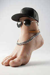 A human foot wearing a black leather baseball cap, aviator sunglasses, and a silver chain necklace around its ankle, isolated on a white background.