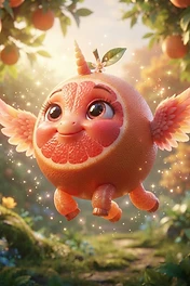 A cute, magical creature shaped like a grapefruit with wings, a unicorn horn, and large expressive eyes flying through a sunlit orchard.