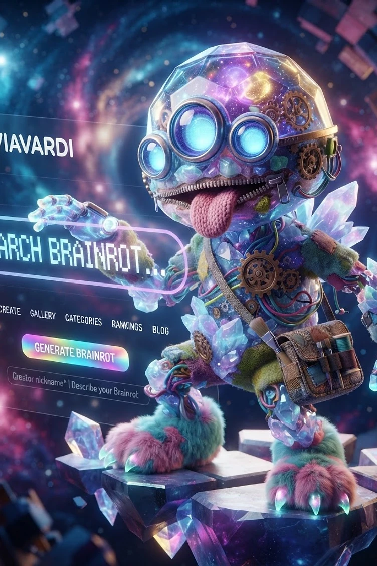 A multi-eyed mechanical creature made of gears and crystals with fur, sticking its tongue out in front of a futuristic holographic search interface in space.