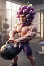 A muscular man with a head made of purple grapes lifting a heavy kettlebell in a gym setting.