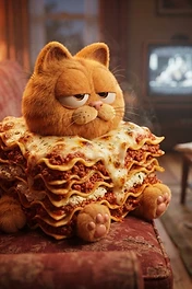 An orange Garfield-like cat sitting on a patterned sofa, with its body replaced by a large stack of steaming cheesy lasagna.