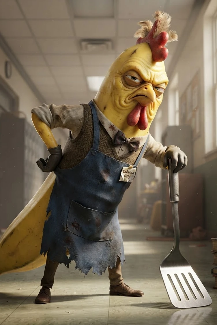 A surreal anthropomorphic chicken-banana hybrid wearing a dirty apron and holding a spatula in a school hallway.