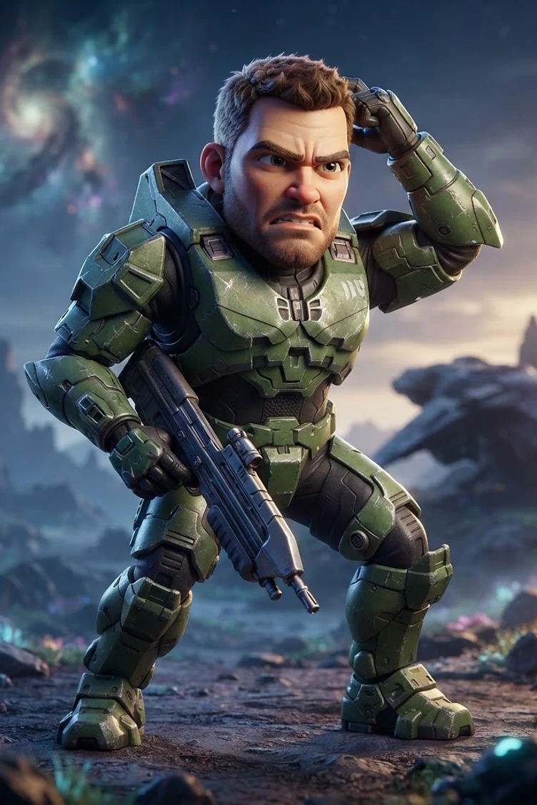 A stylized 3D cartoon-style soldier with a large head wearing green power armor holding a rifle on an alien planet with a galaxy in the sky.