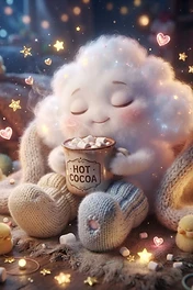 A fluffy white cloud character with a smiling face, wrapped in a knitted blanket, holding a mug of hot cocoa surrounded by small yellow chicks and floating stars.