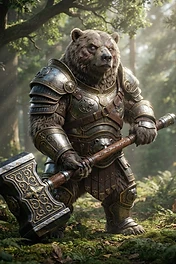 A powerful grizzly bear warrior wearing ornate metal armor holding a large engraved war hammer standing in a misty forest.