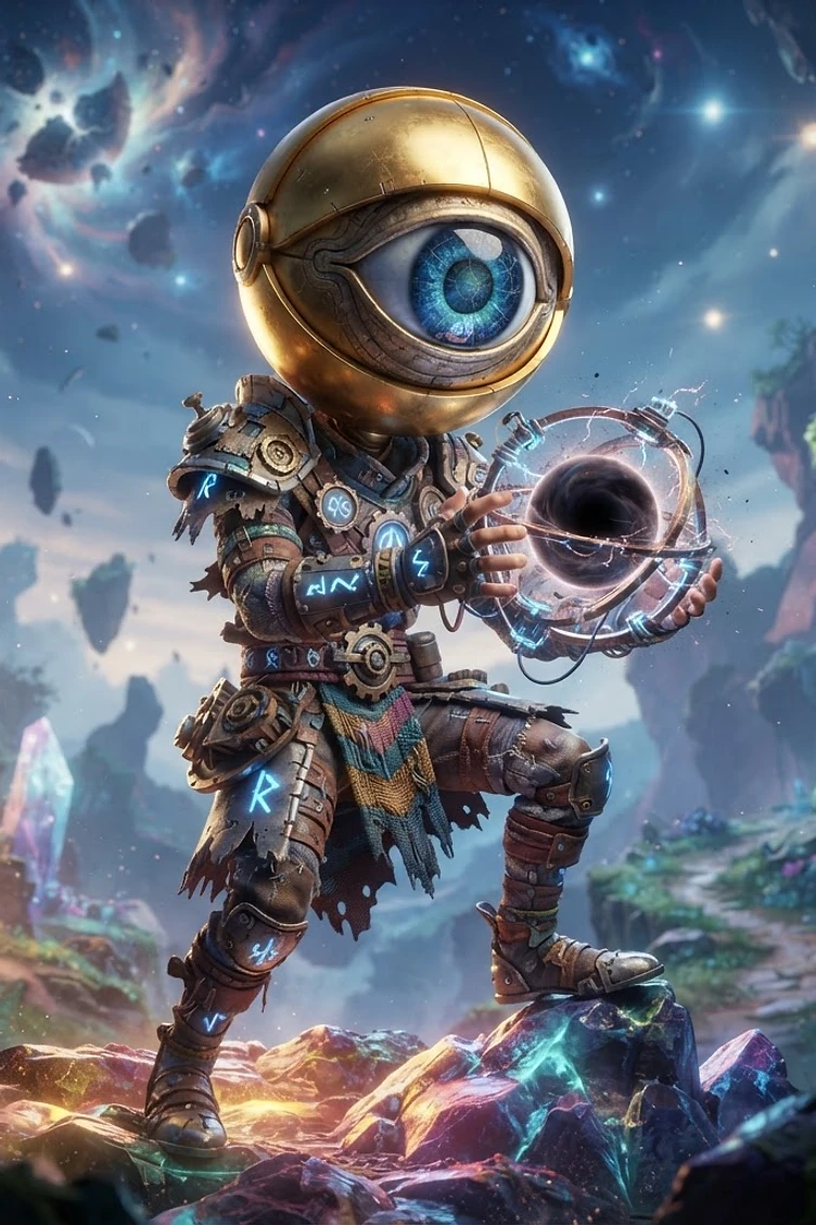 A cosmic traveler with a spherical golden helmet housing a large blue eye, holding a miniature black hole, standing in a magical crystal landscape.