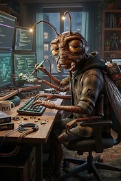 An anthropomorphic insect with antennae and glasses soldering a circuit board at a computer desk with code on monitors.