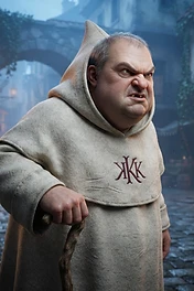 A close-up of an elderly, frowning man dressed in a textured, beige, hooded medieval monk habit standing in a stone-paved European village street.