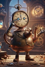 A whimsical steampunk teapot character with a clock face head and mechanical arms standing on a workshop table surrounded by gears and books.