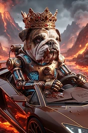 Brainrot Me character: a futuristic robot body with a golden crown in driving a Lamborghini through a volcano
