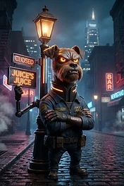 An anthropomorphic dog with glowing orange eyes and a robotic arm standing on a city street at night in front of a lamp post holding a sign that reads Juice's Juice.